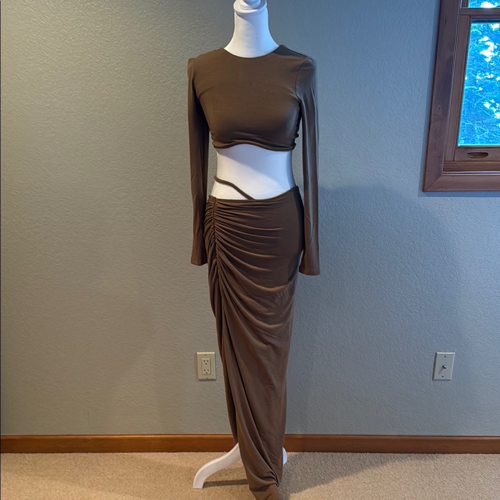 JLUXLABEL Brown Asymmetrical Ruched Maxi Skirt